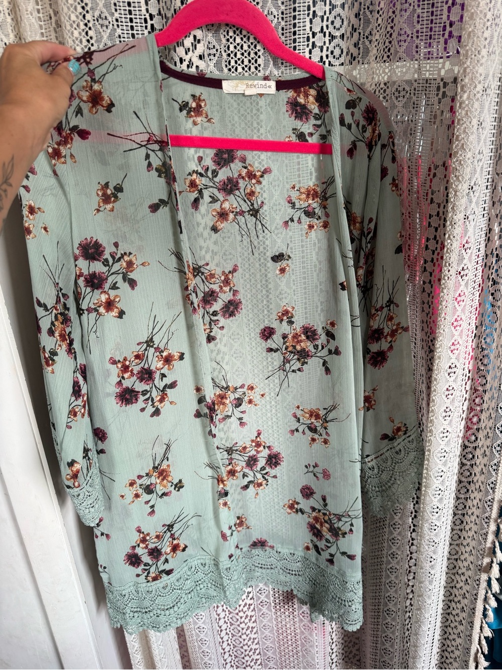Rewind Mint Green Floral Crochet-Trim Open Cardigan